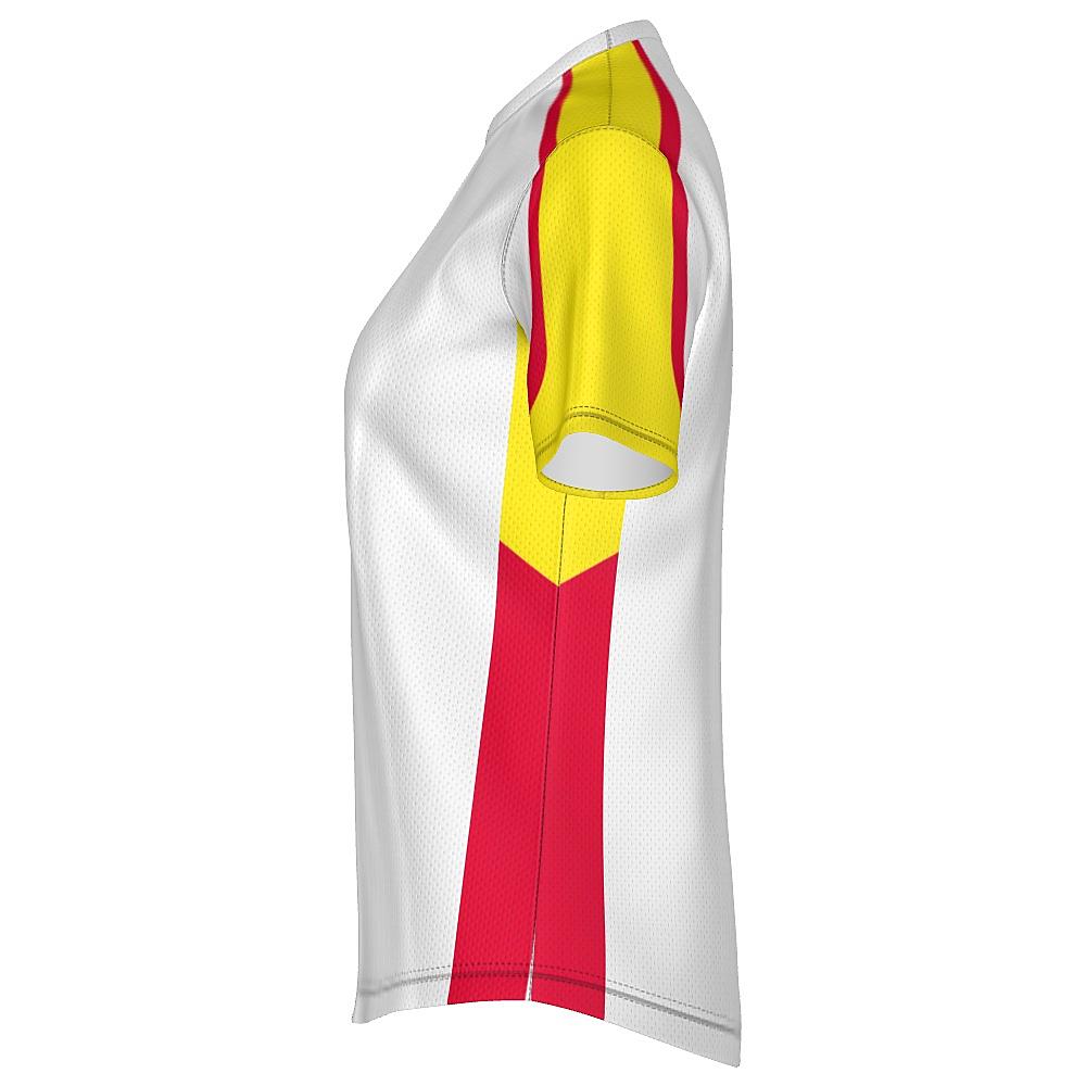 White shirt with yellow and red accents on a white background