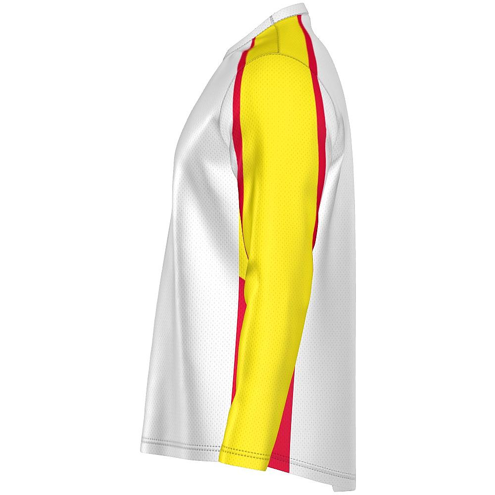 White long-sleeve shirt with yellow and red accents on a white background