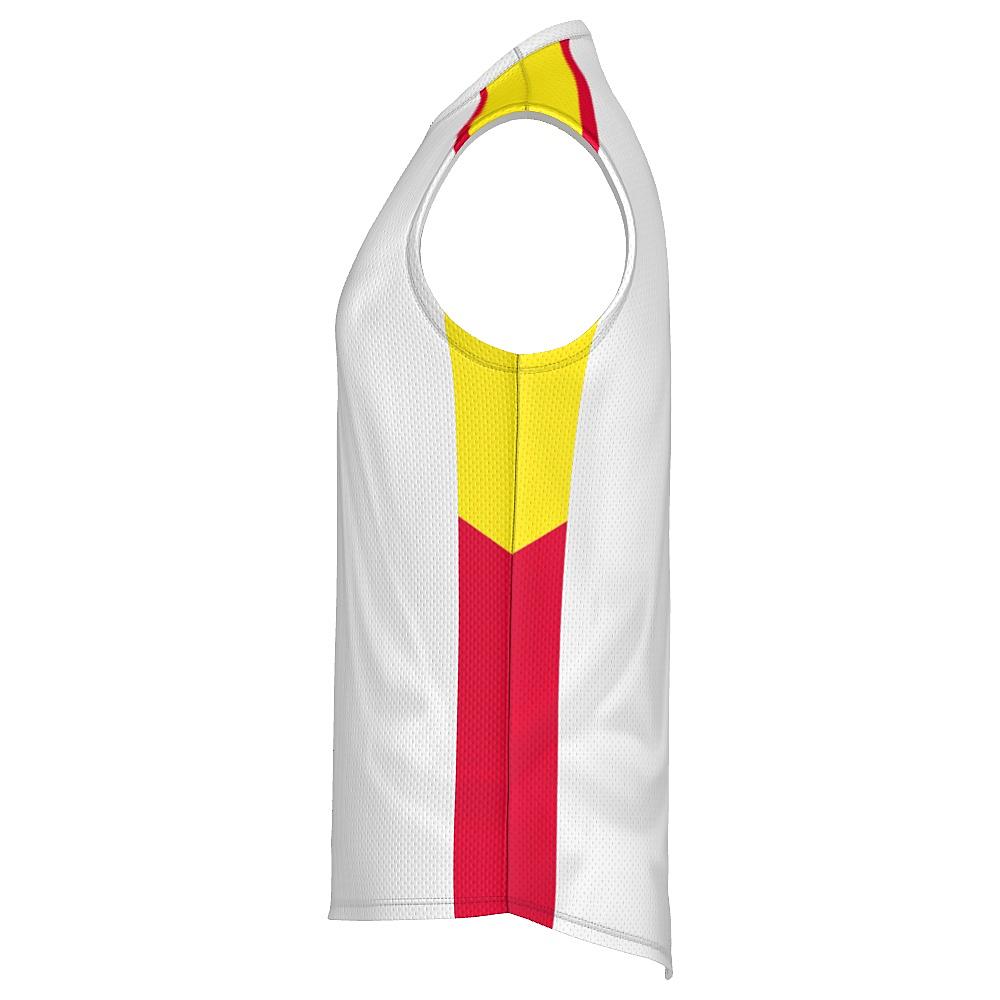White sleeveless shirt with yellow and red accents on a white background