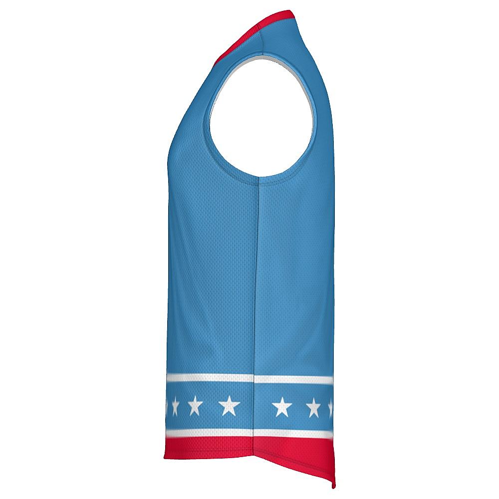 Blue sleeveless shirt with white stars and red stripes on a white background