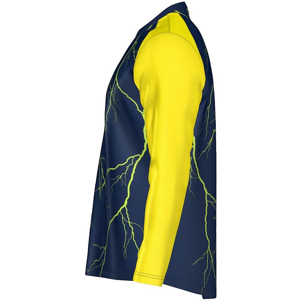 Navy long-sleeve shirt with yellow sleeves and lightning design on a white background