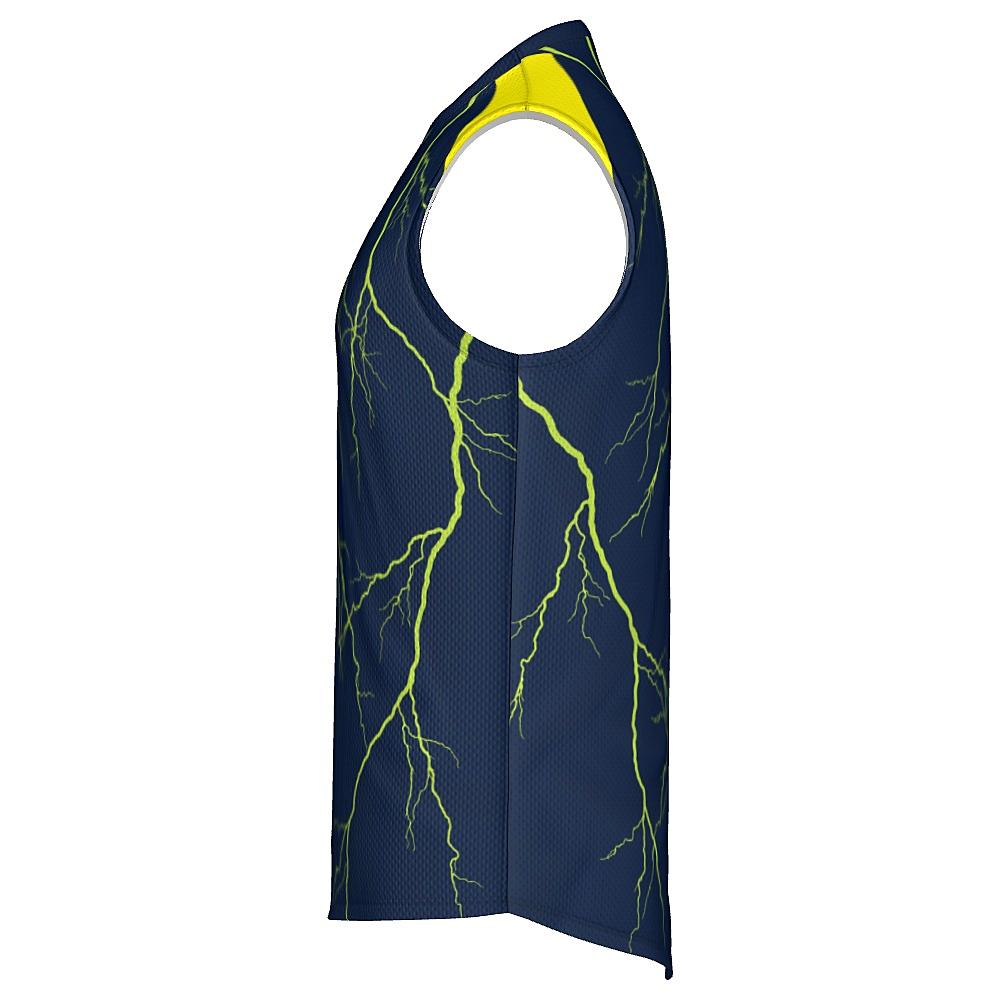 Navy sleeveless shirt with yellow shoulders and lightning design on a white background