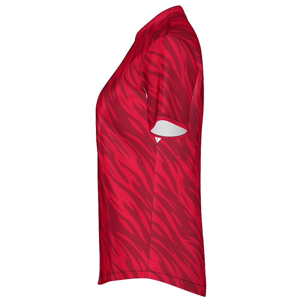 Red shirt with wavy design and white accents on a white background