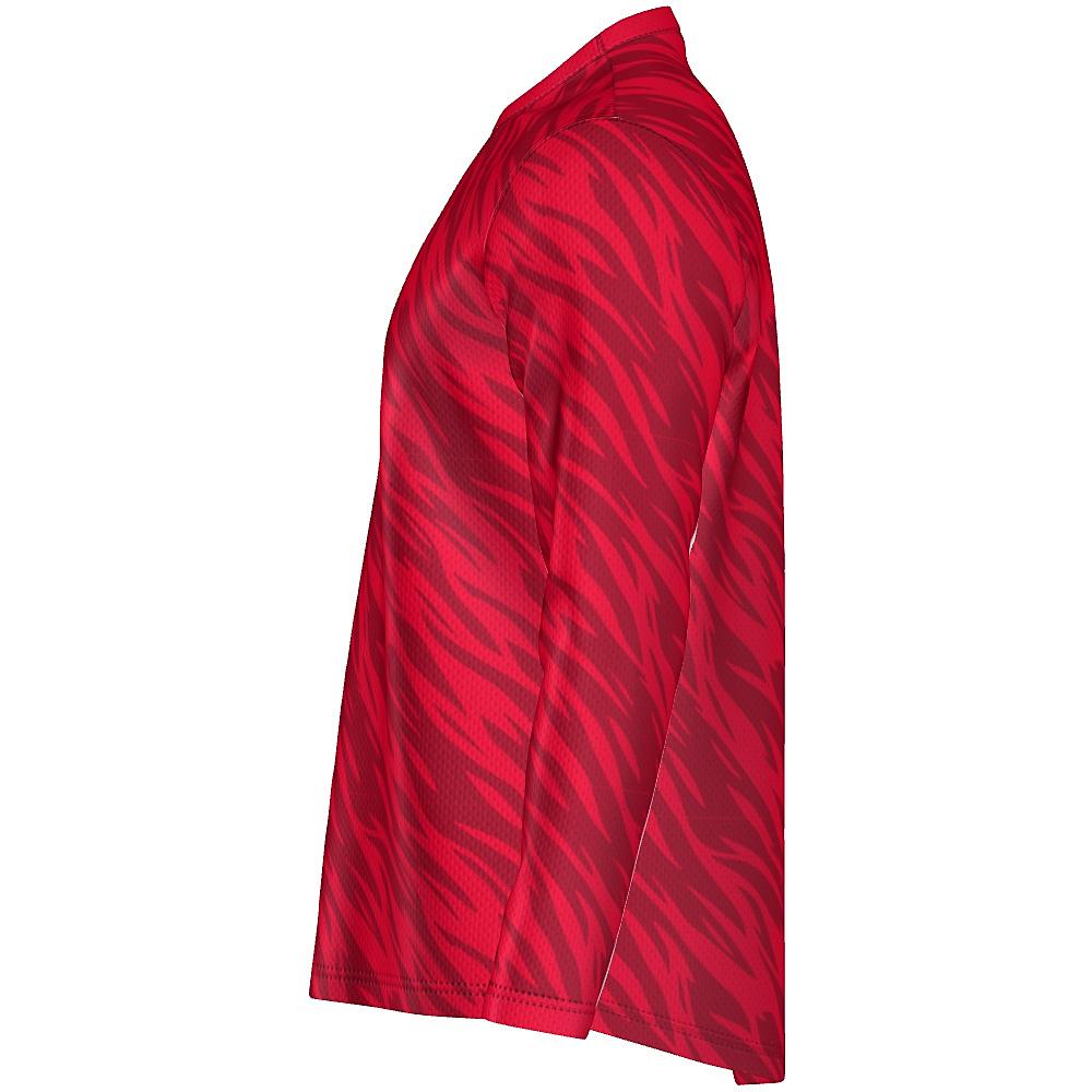 Red long-sleeve shirt with wavy design and white accents on a white background