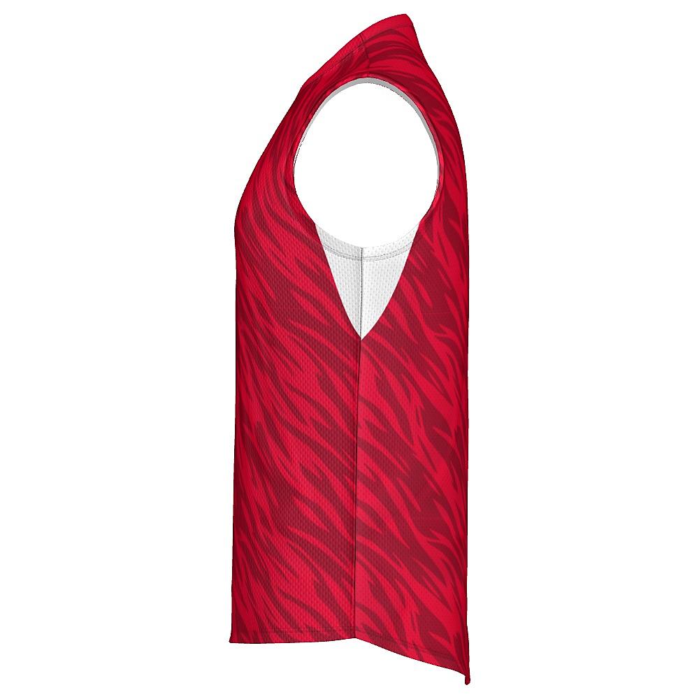 Red sleeveless shirt with wavy design and white accents on a white background