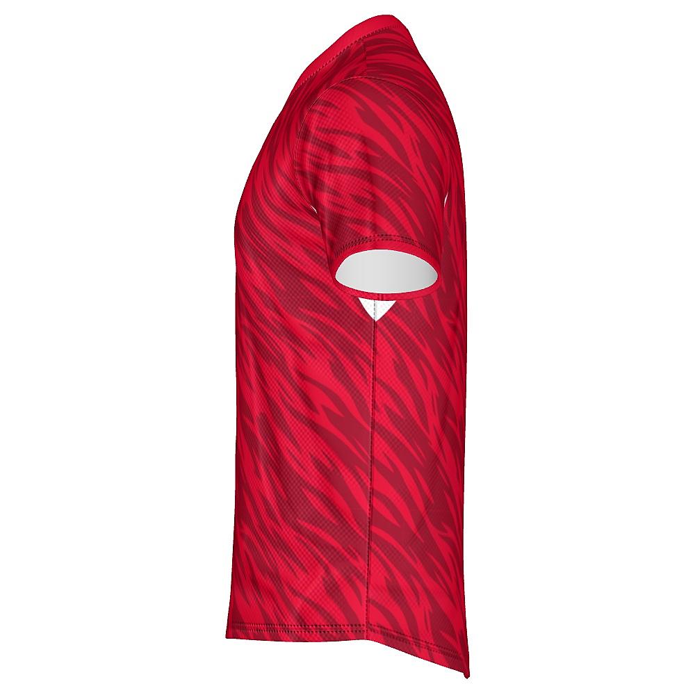 Red shirt with wavy design and white accents on a white background