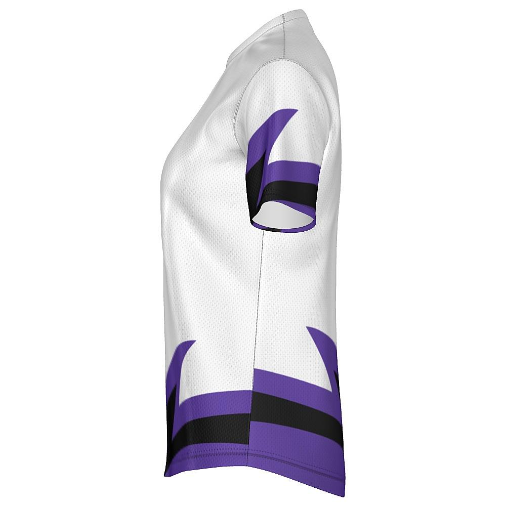 White shirt with black and purple accents on a white background