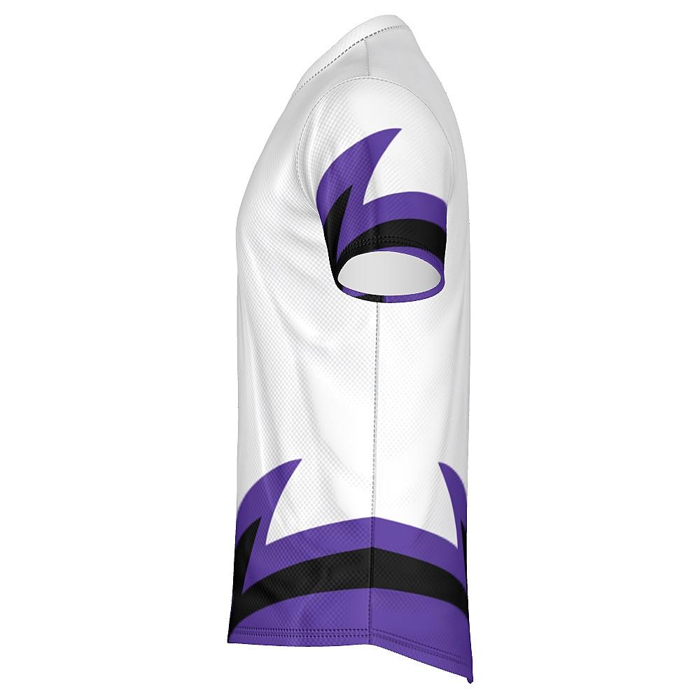 White shirt with black and purple accents on a white background