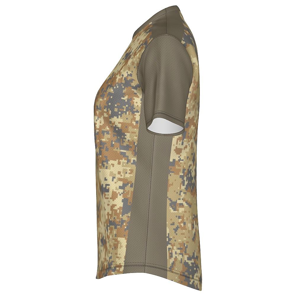 Earth-tone shirt with digital camo design on a white background