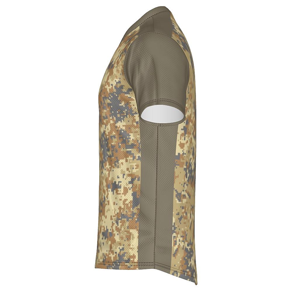 Earth-tone shirt with digital camo design on a white background