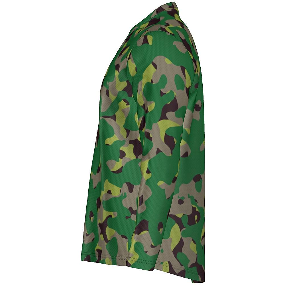 Long-sleeve shirt with green camouflage design on a white background