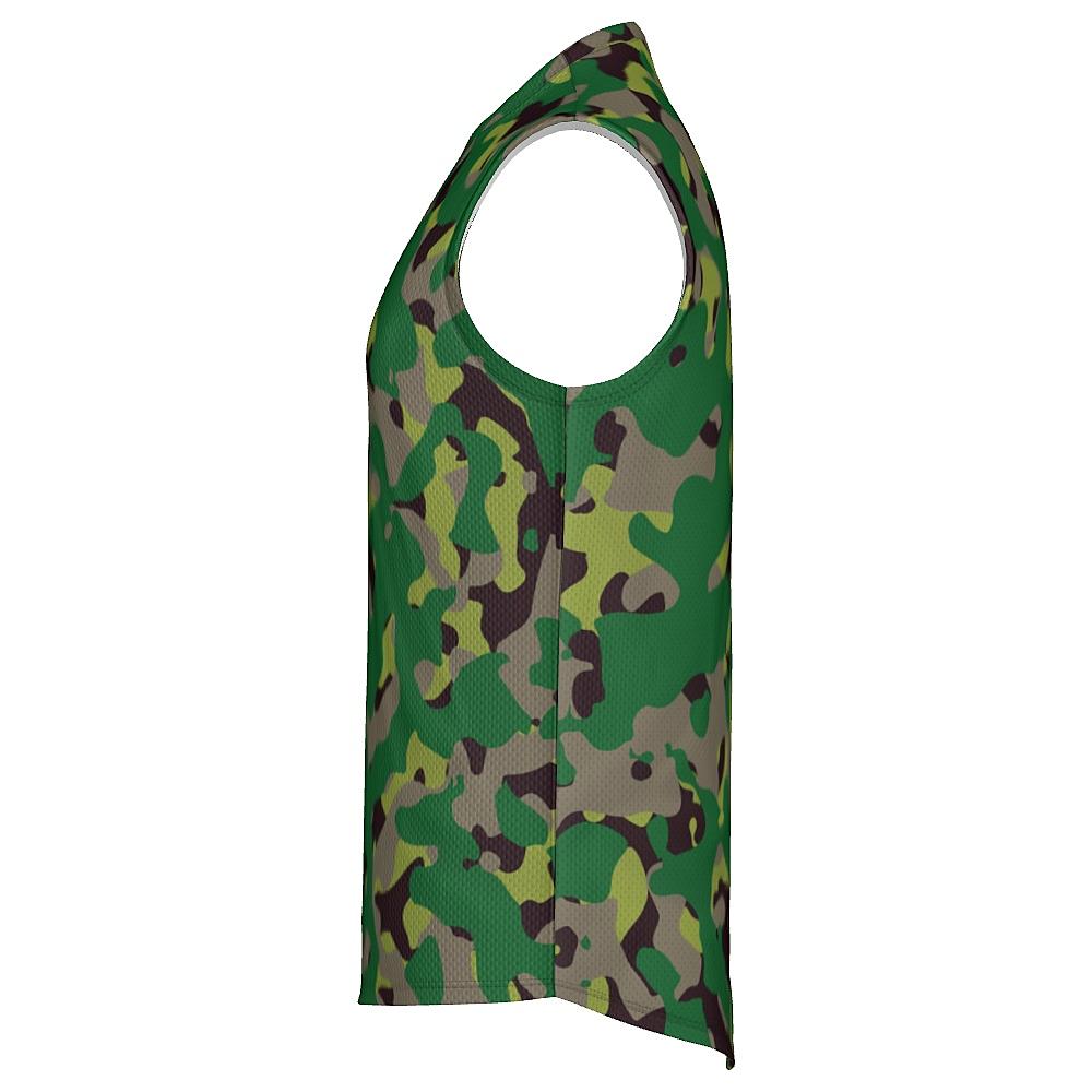 Sleeveless shirt with green camouflage design on a white background