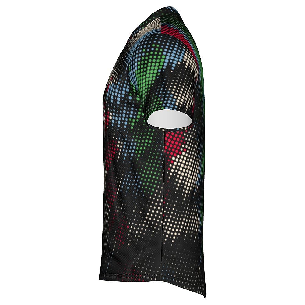 Black shirt with multicolored dot pattern on a white background