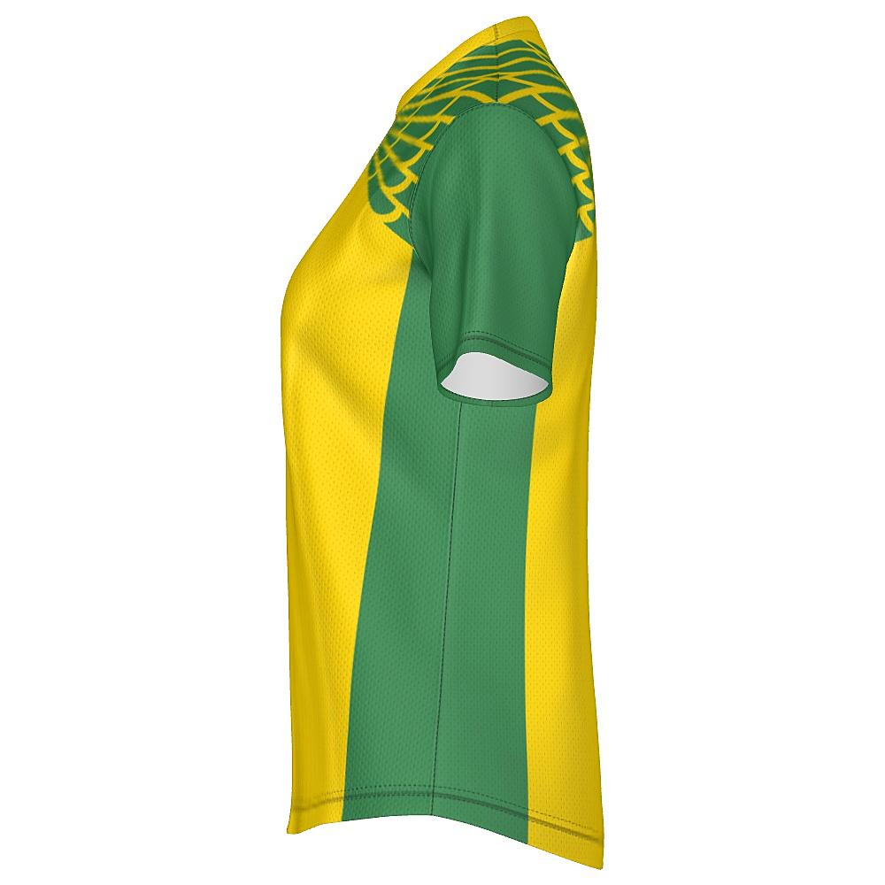 Yellow and green shirt with feather design on upper chest and shoulders