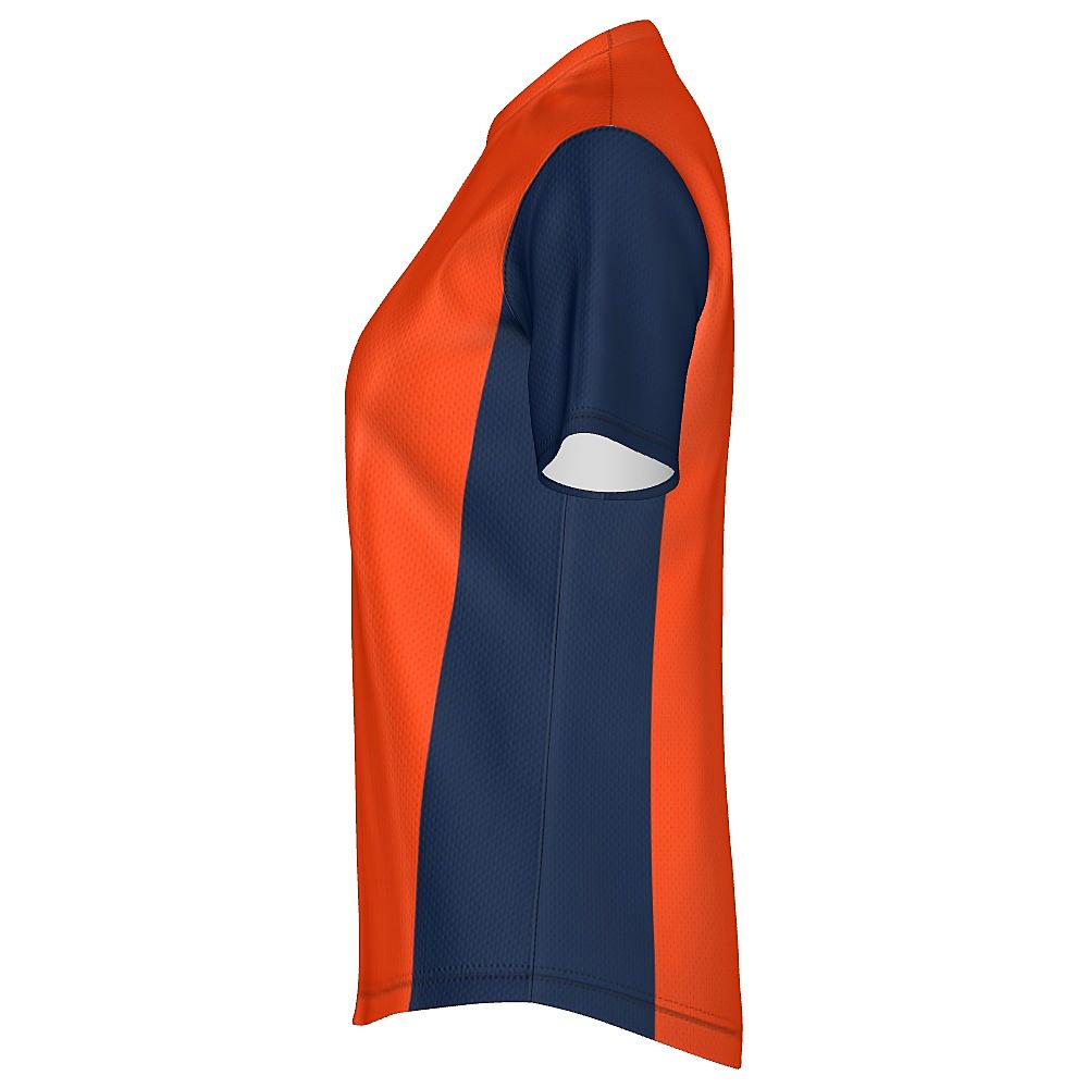 Orange shirt with navy sleeves and side panels on a white background