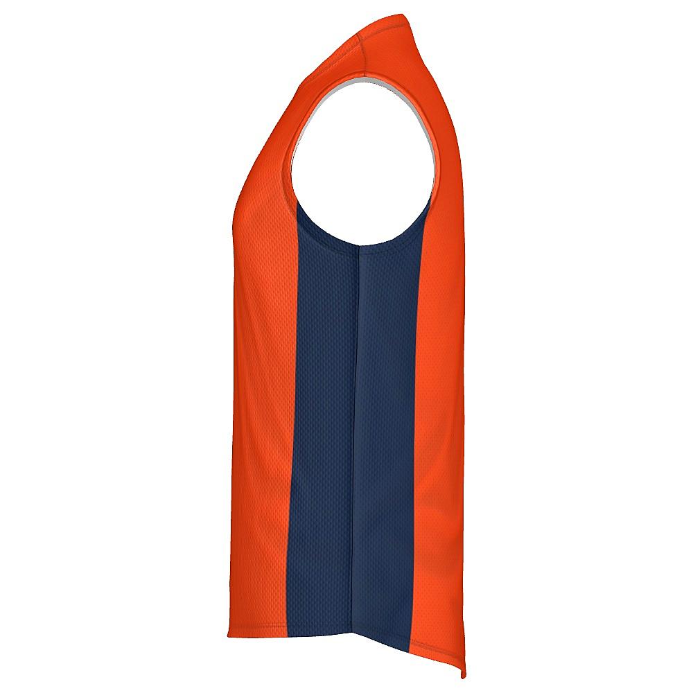 Orange sleeveless shirt with navy side panels on a white background