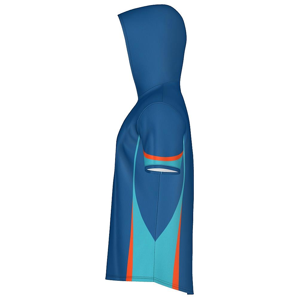 Blue short-sleeve hoodie with teal and orange accents on a white background