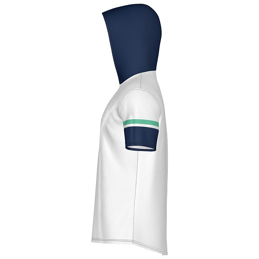 White short-sleeve hoodie with navy and green accents on a white background