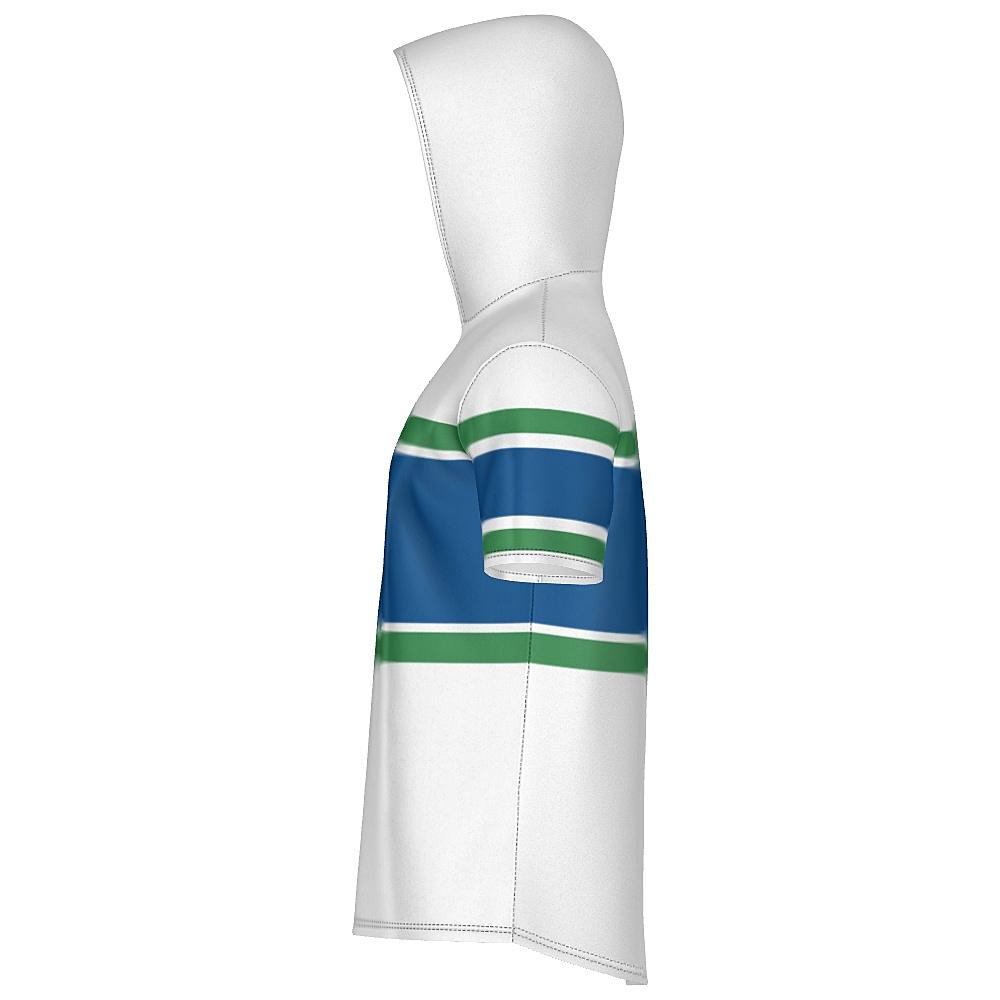 White, blue and green short-sleeve hoodie on a white background