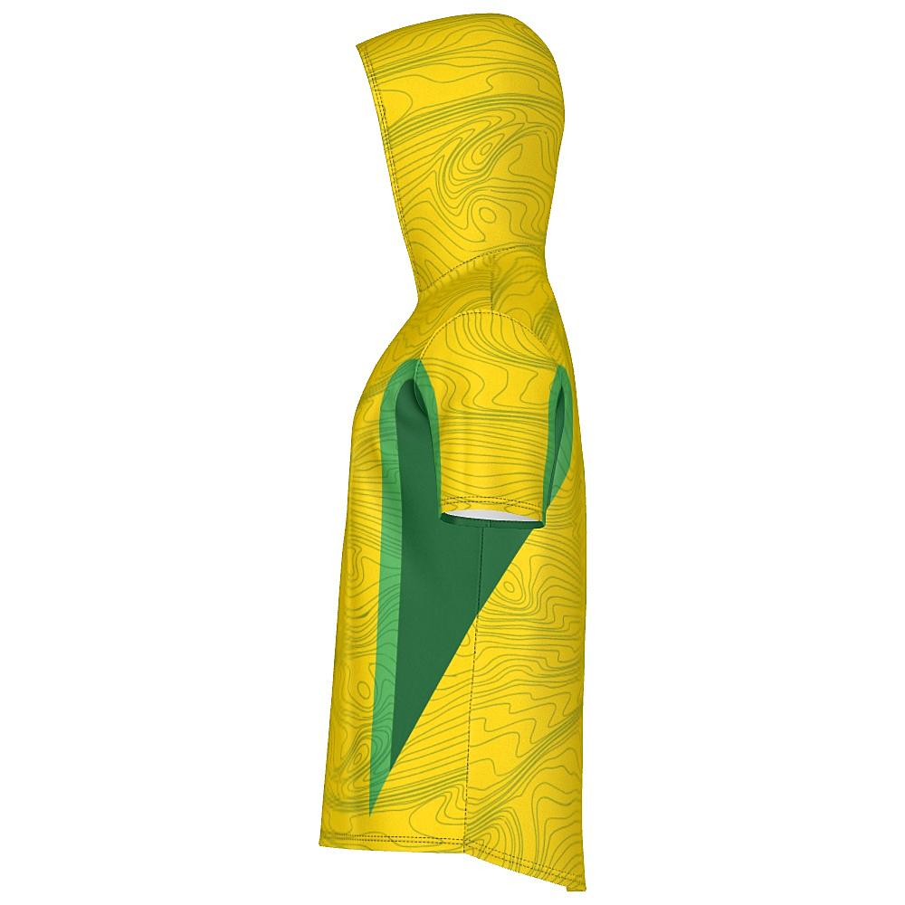 Yellow short-sleeve hoodie with topography design and green accents on a white background