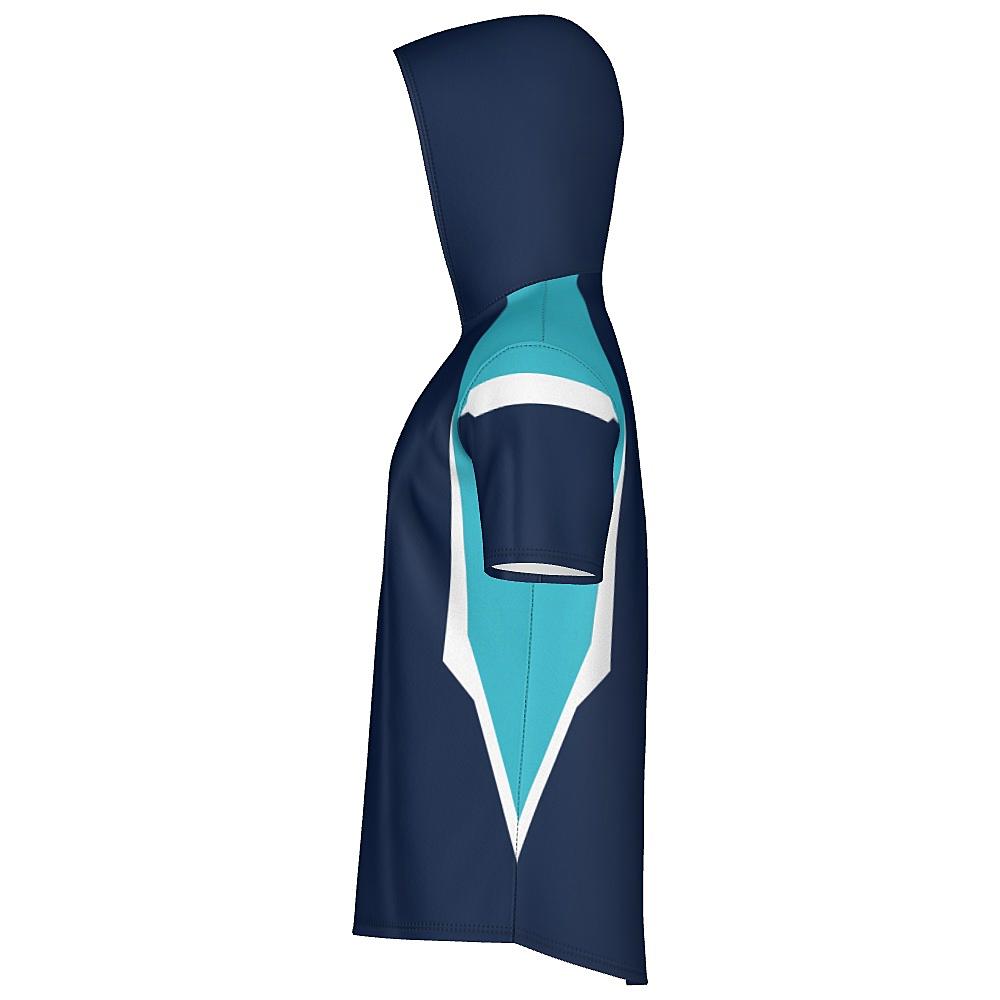 Navy short-sleeve hoodie with light blue and white accents on a white background