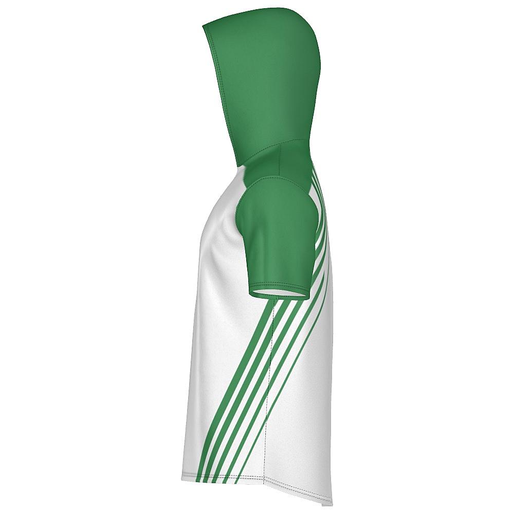 White short-sleeve hoodie with green accents on a white background