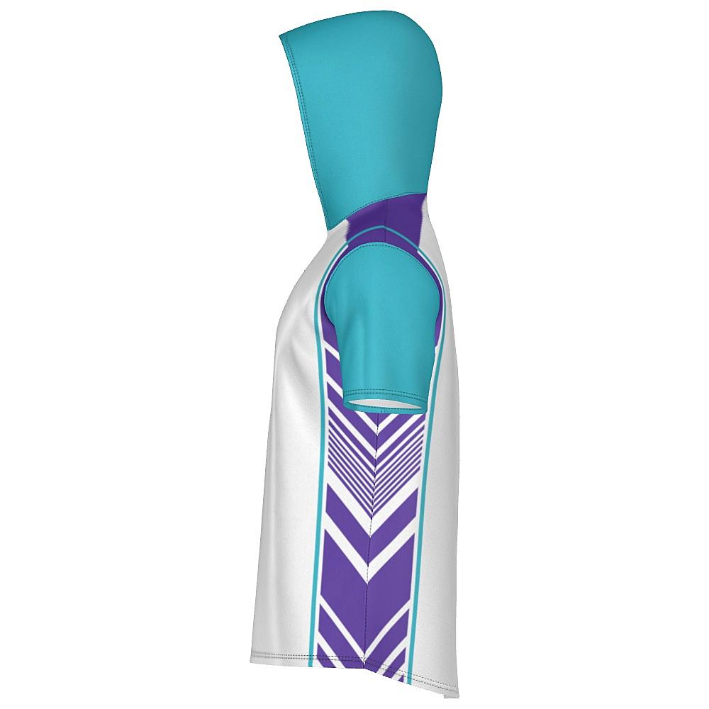 White short-sleeve hoodie with teal and purple accents on a white background