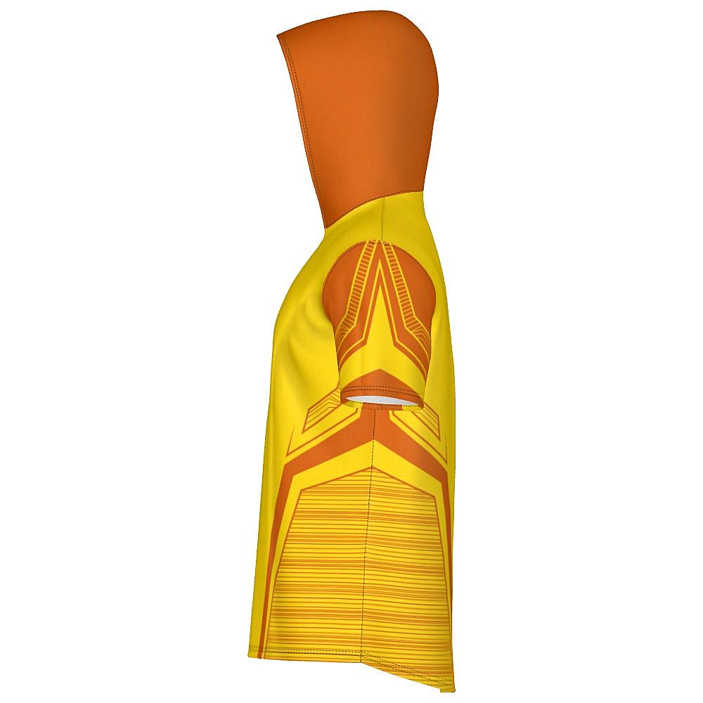 Yellow short-sleeve hoodie with orange accents on a white background
