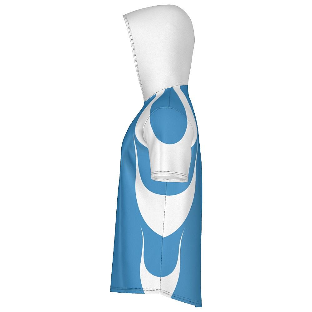 Blue short-sleeve hoodie with white accents on a white background