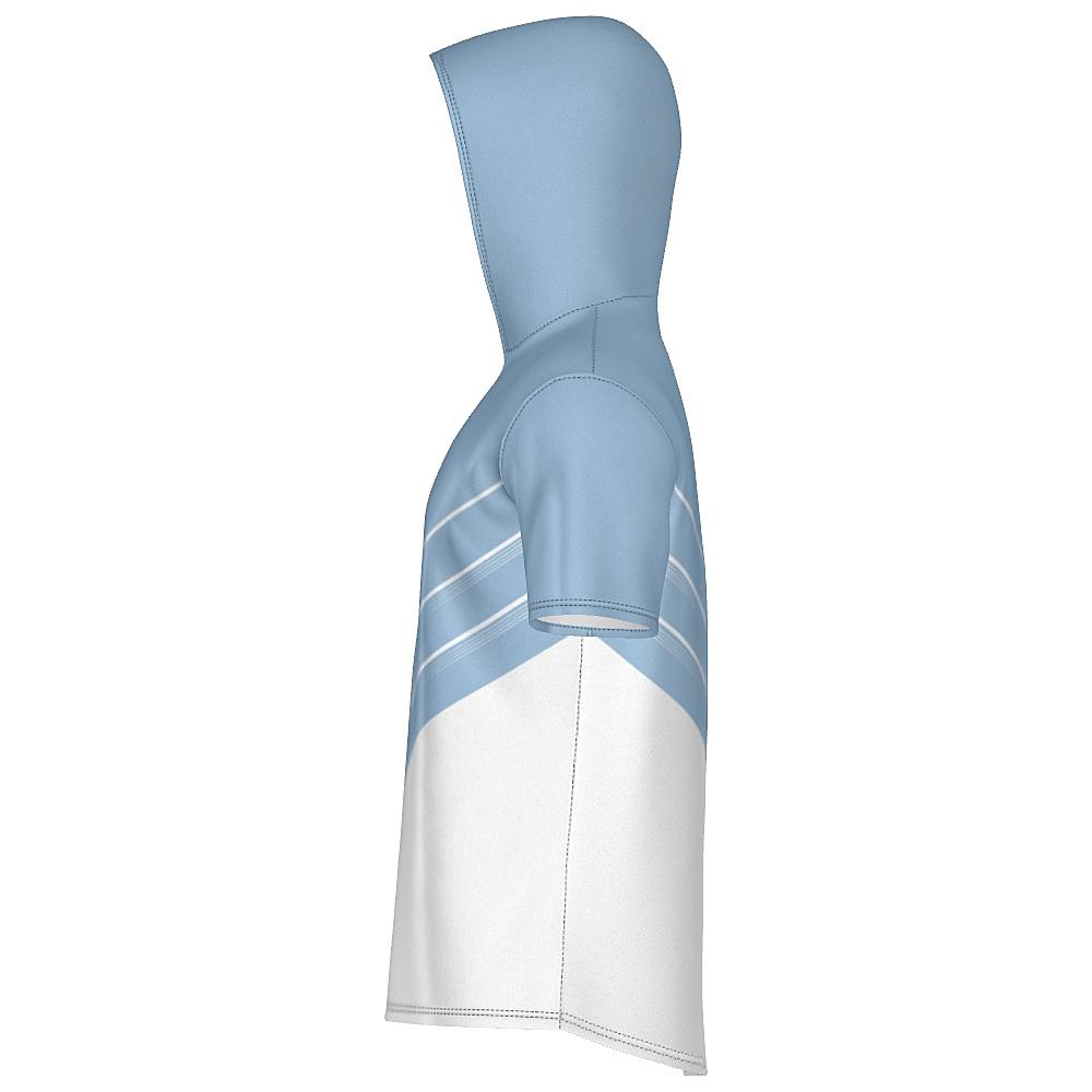 Blue and white short-sleeve hoodie with chevron design on a white background