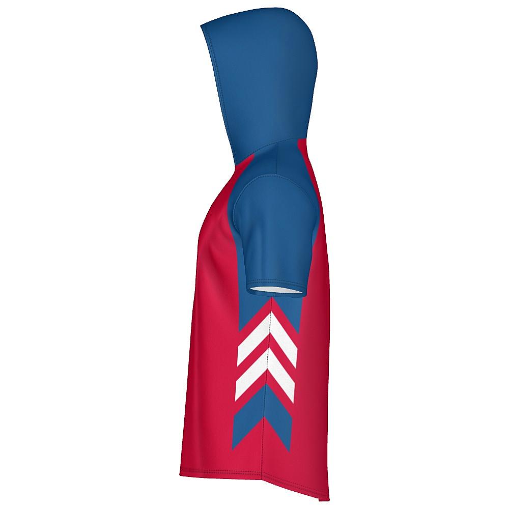 Red short-sleeve hoodie with blue and white accents on a white background