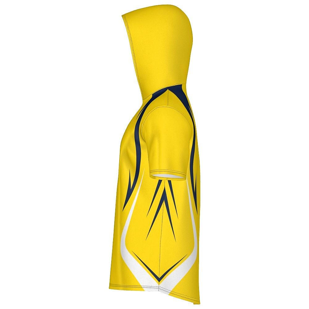Yellow short-sleeve hoodie with navy and white accents on a white background