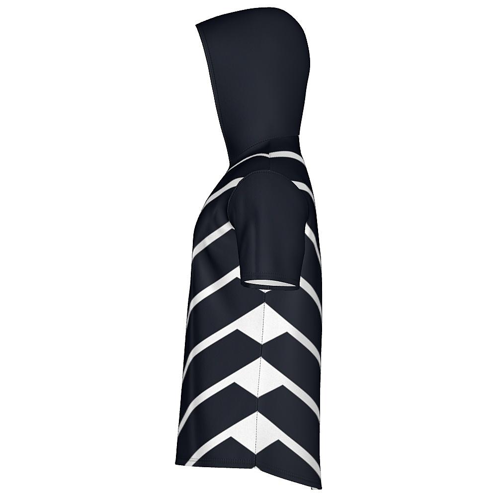 Black short-sleeve hoodie with white chevrons on a white background
