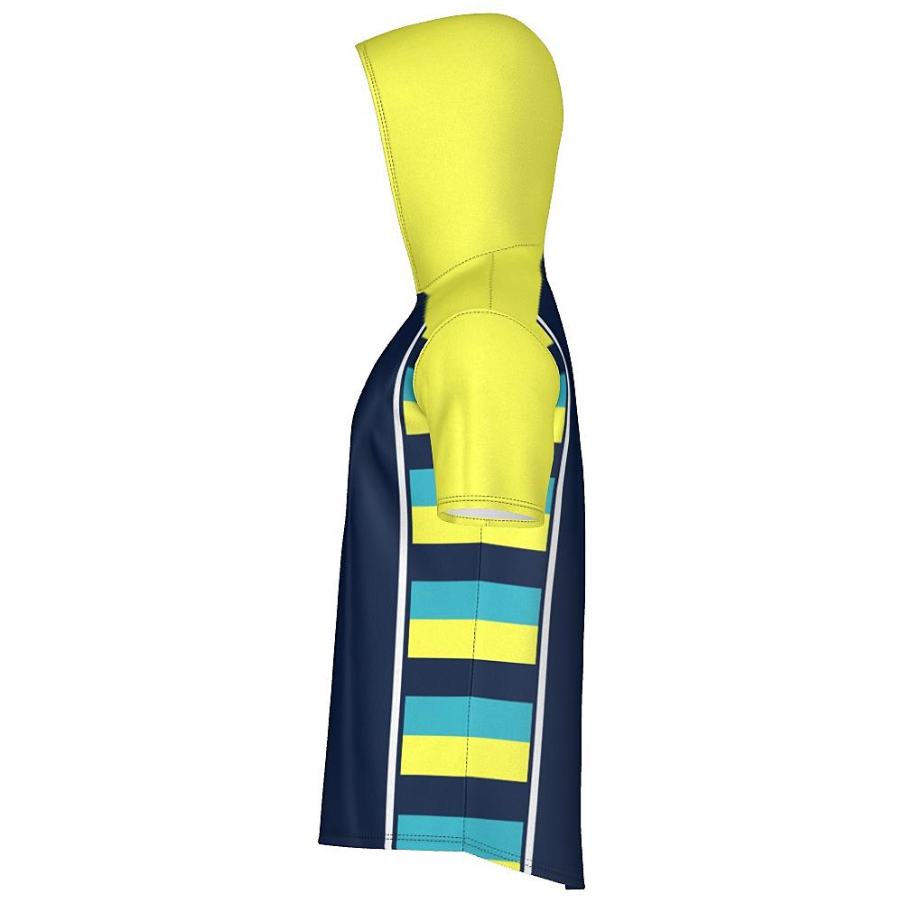 Navy short-sleeve hoodie with yellow sleeves and striped side panels on a white background