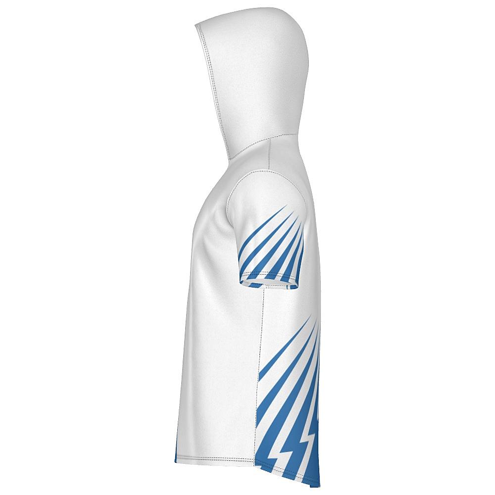 White short-sleeve hoodie with blue bolt-shaped accents on a white background