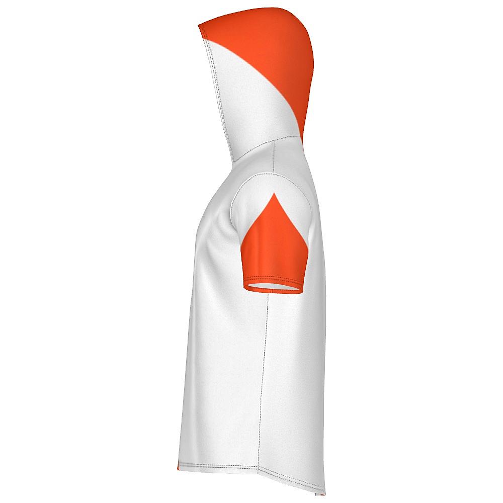 White short-sleeve hoodie with black and orange curved stripes on a white background