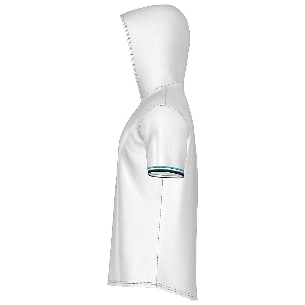 White short-sleeve hoodie with blue argyle design on a white background
