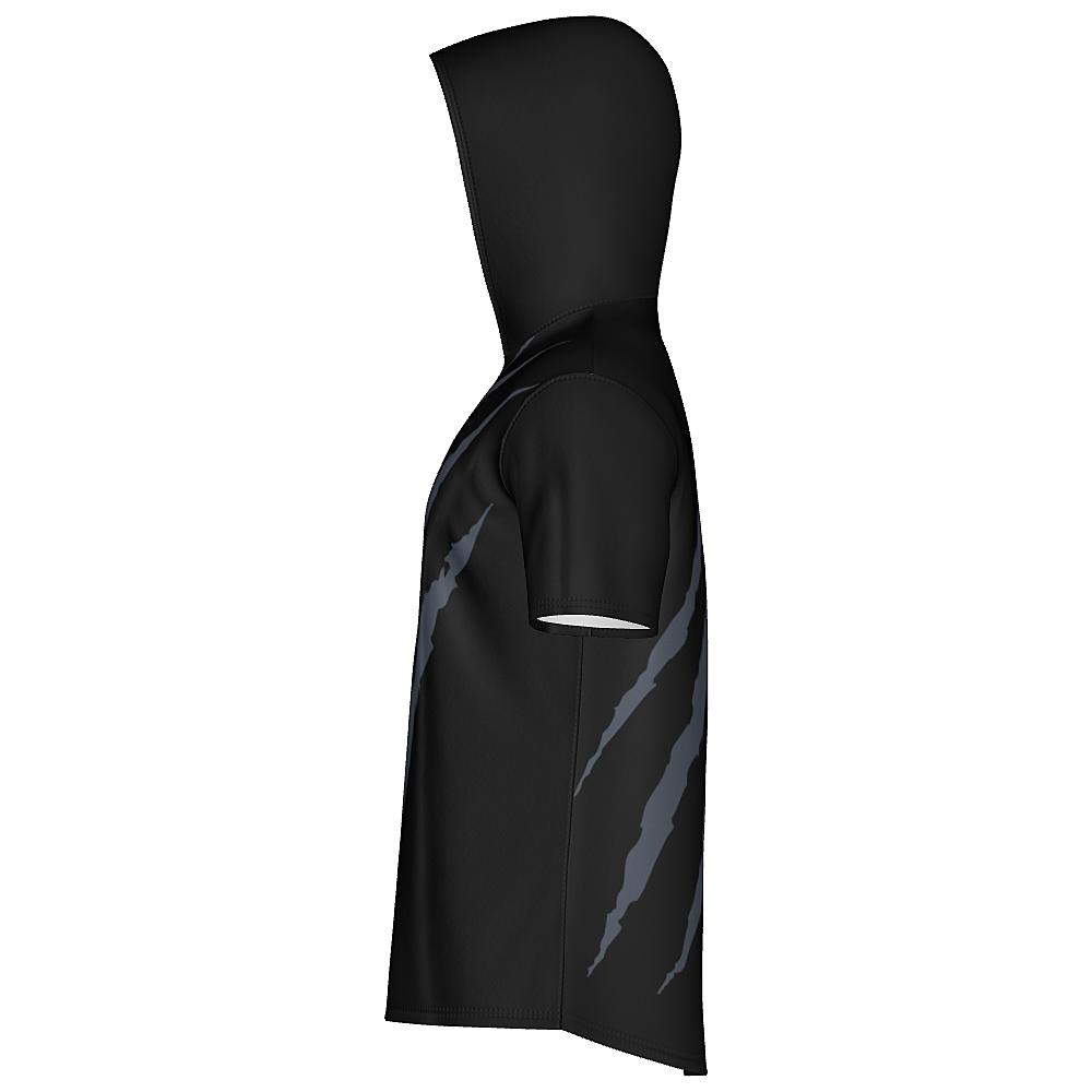 Black short-sleeve hoodie with grey claw-mark design on a white background