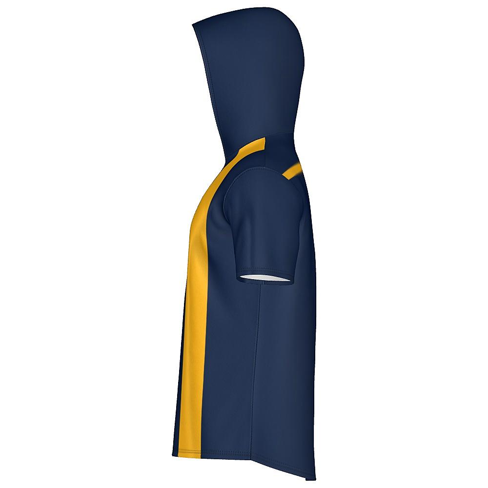 Navy short-sleeve hoodie with yellow stripes on a white background