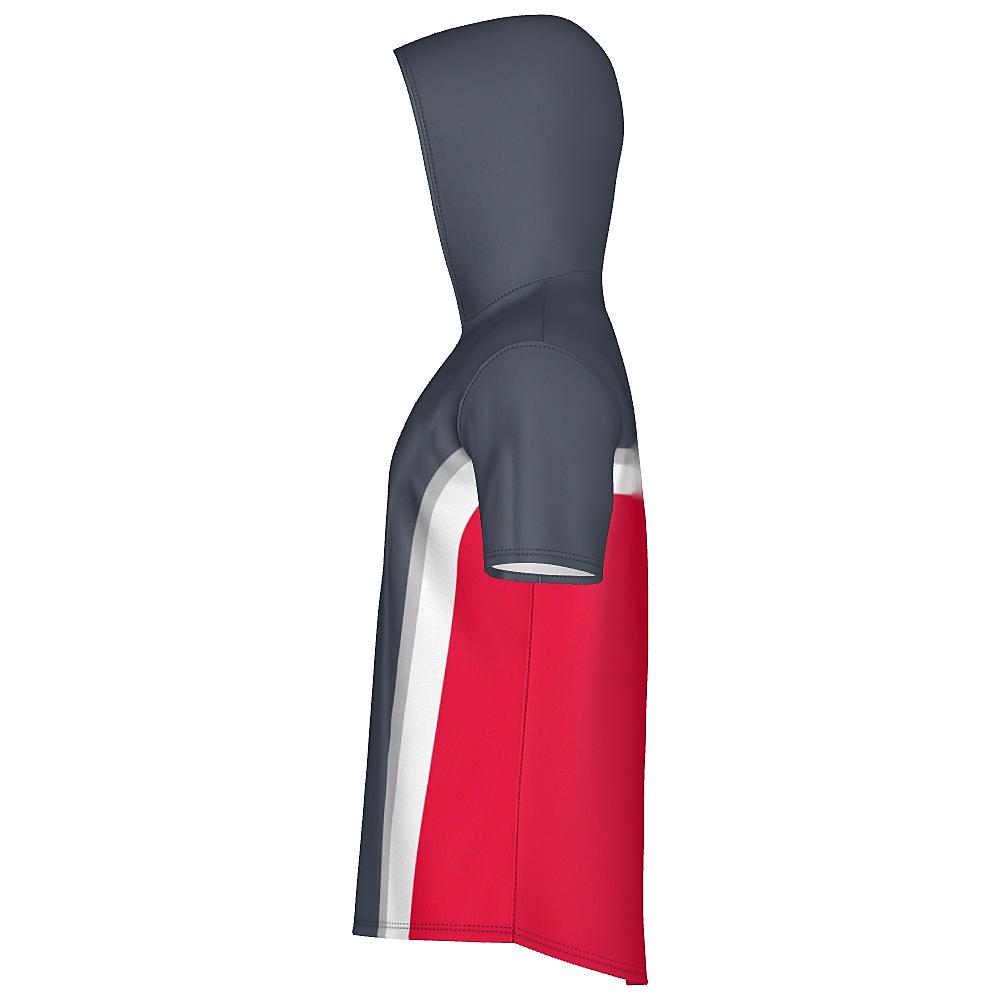 Grey short-sleeve hoodie with white and red accents on a white background