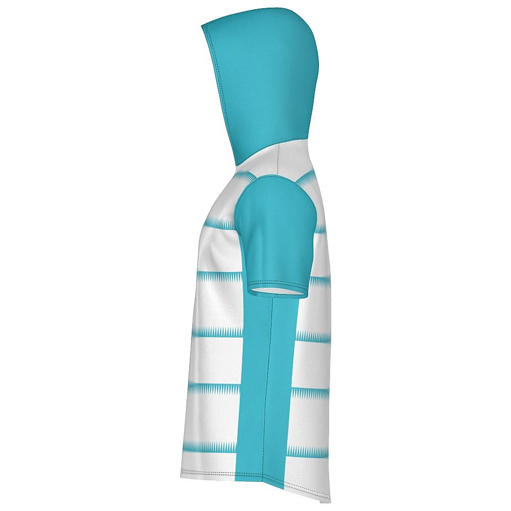 White short-sleeve hoodie with teal sleeves, hood and sawtooth stripes