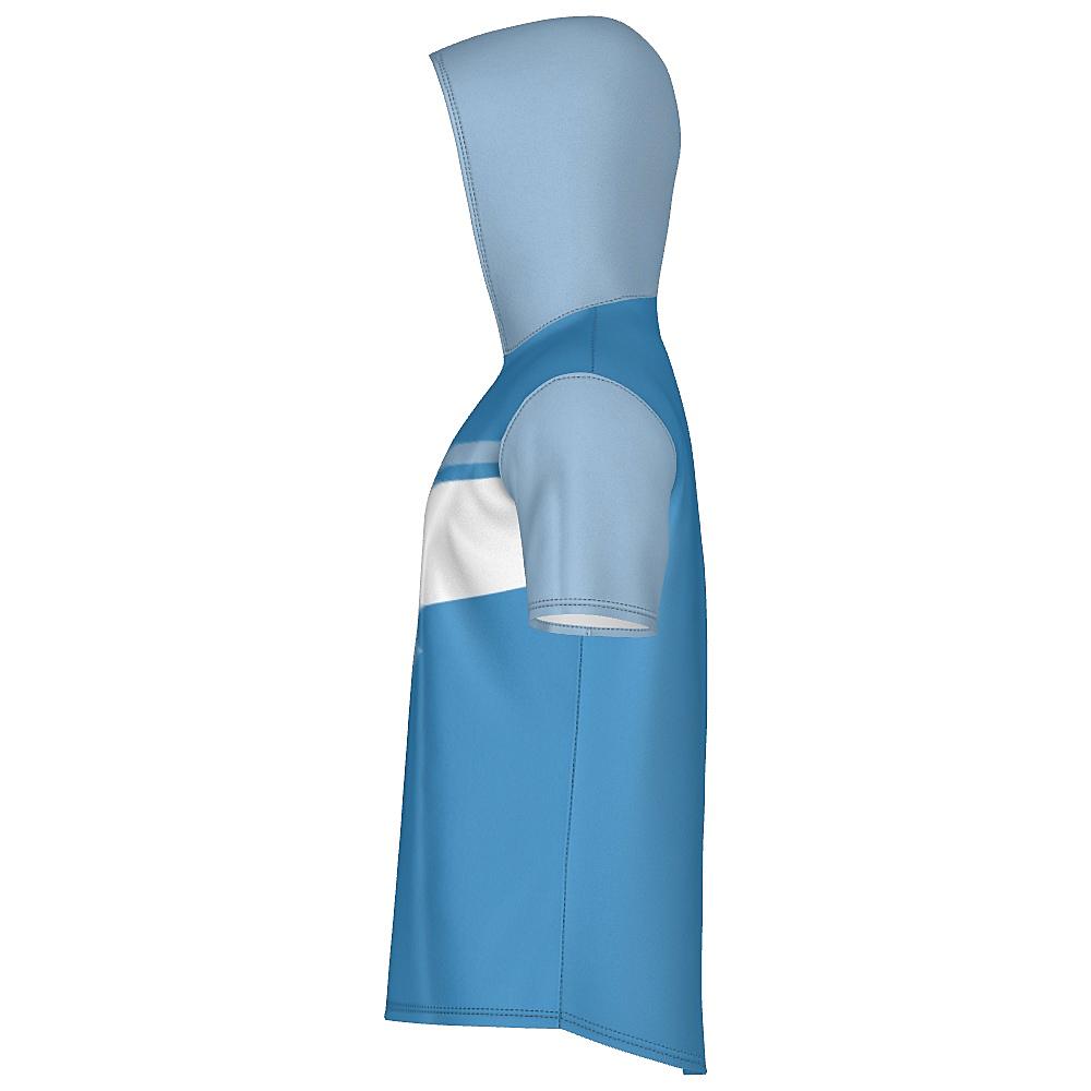Blue short-sleeve hoodie with contrasting sleeves & hood and white horizontal stripe on a white background