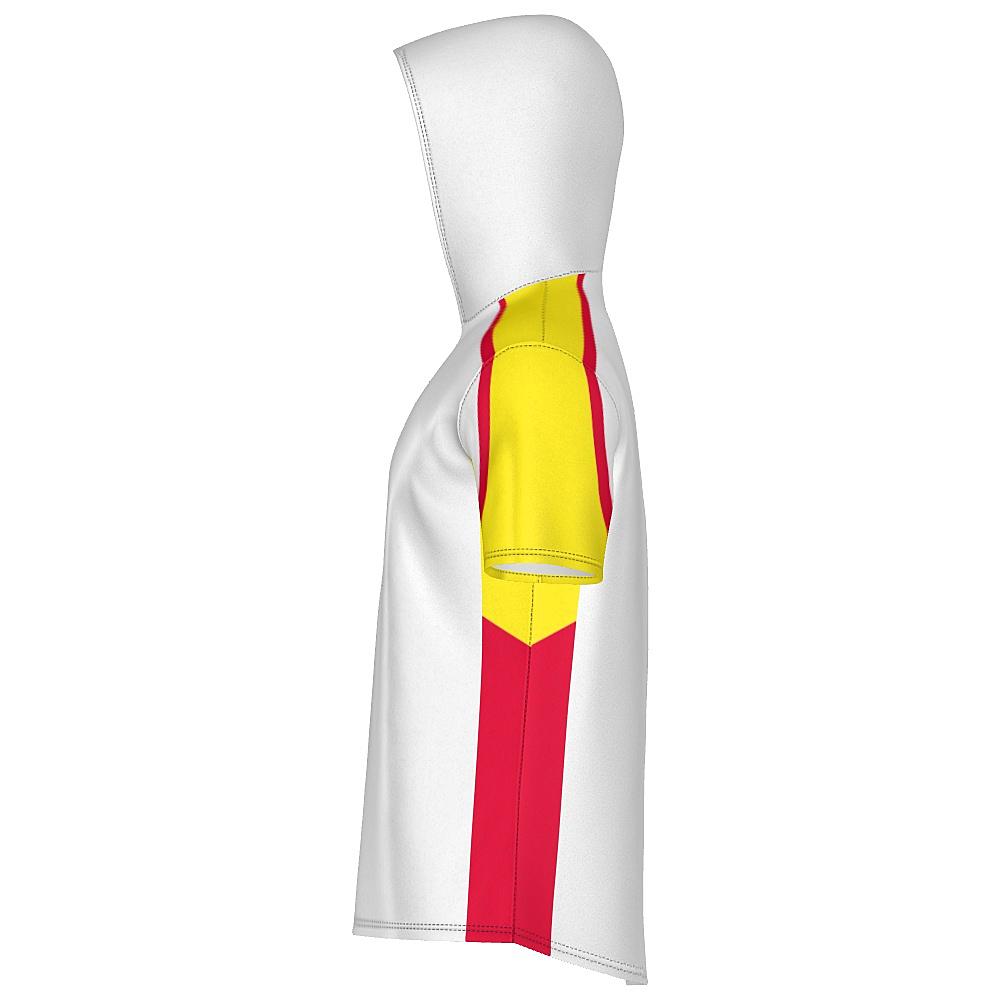 White short-sleeve hoodie with yellow and red accents on a white background