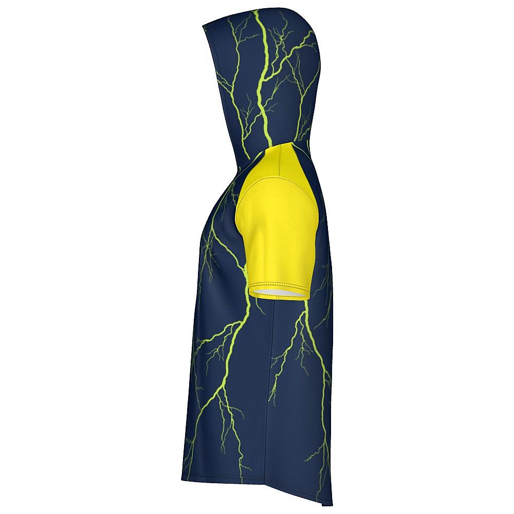 Navy short-sleeve hoodie with yellow sleeves and lightning design on a white background