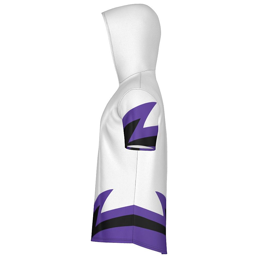 White short-sleeve hoodie with black and purple accents on a white background