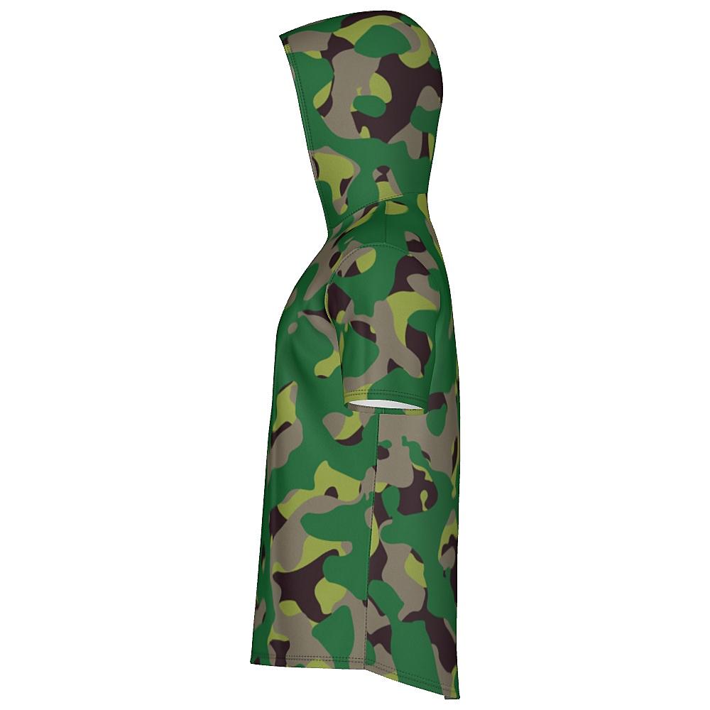 Short-sleeve hoodie with green camouflage design on a white background