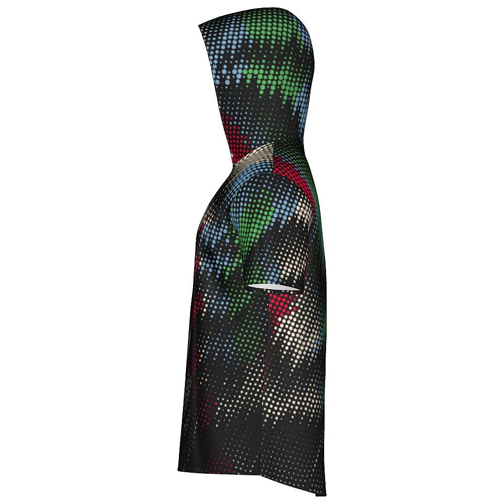 Black short-sleeve hoodie with multicolored dot pattern on a white background