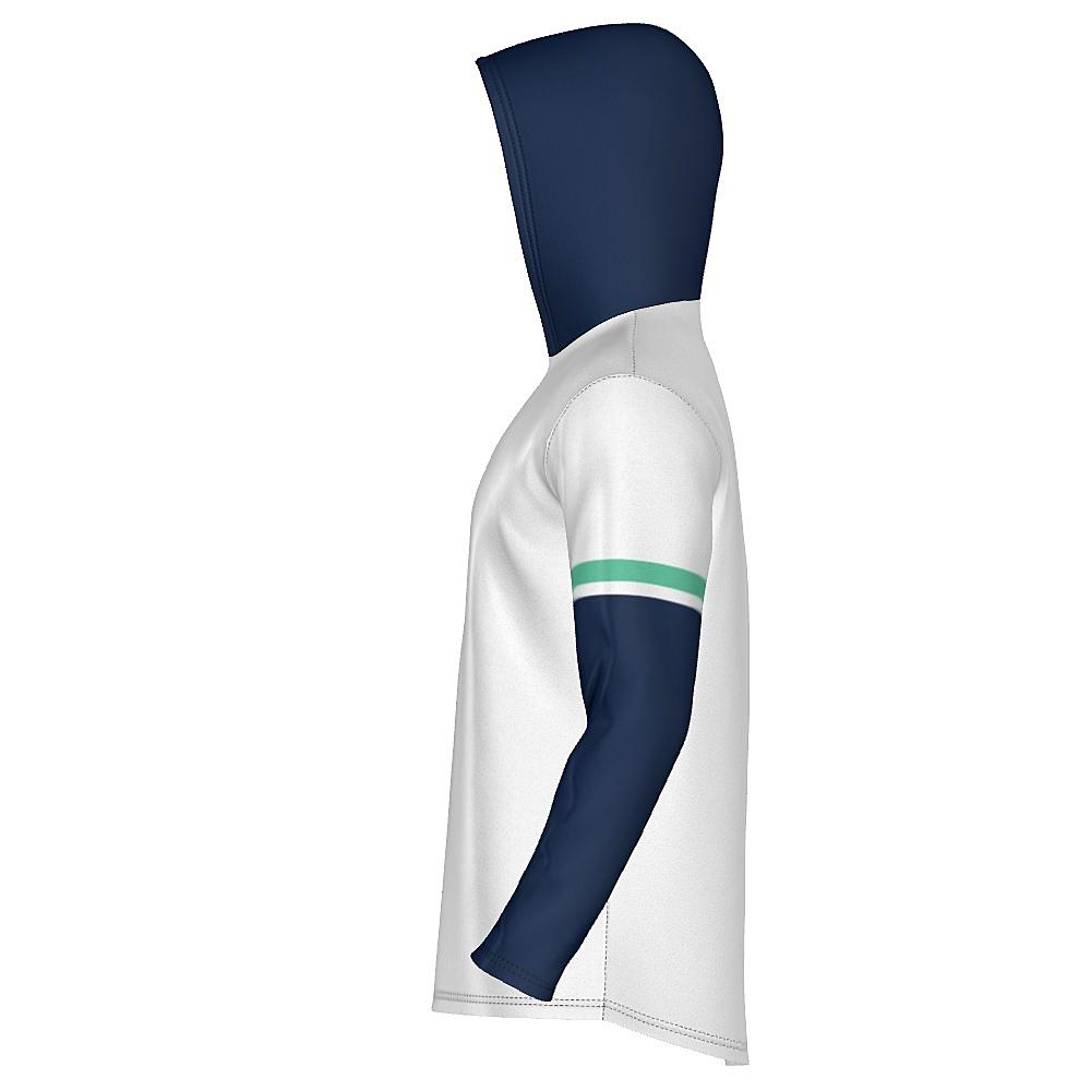 White long-sleeve hoodie with navy and green accents on a white background