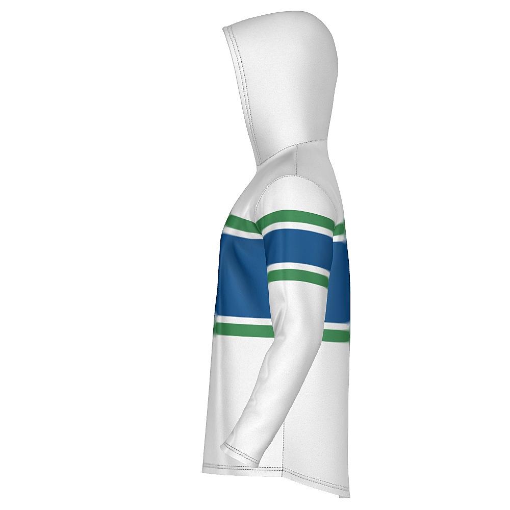 White, blue and green hoodie on a white background