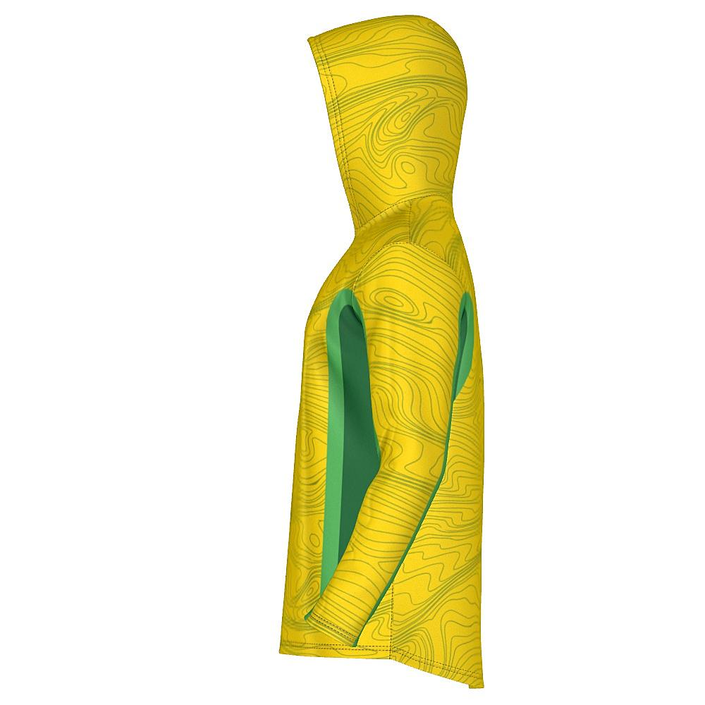Yellow hoodie with topography design and green accents on a white background